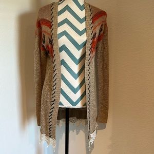 G by BKE tan sweater with orange and black accent, cream lace trim, size S